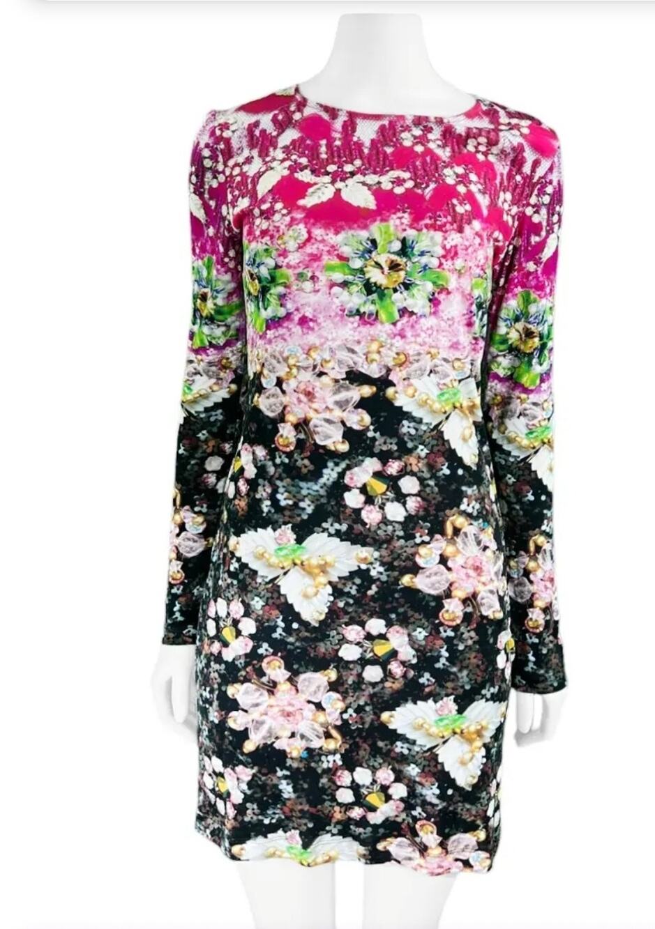 Mary Katrantzou Silk Jersey Dress XS Long Sleeve Digital Jewel Print Pink Black